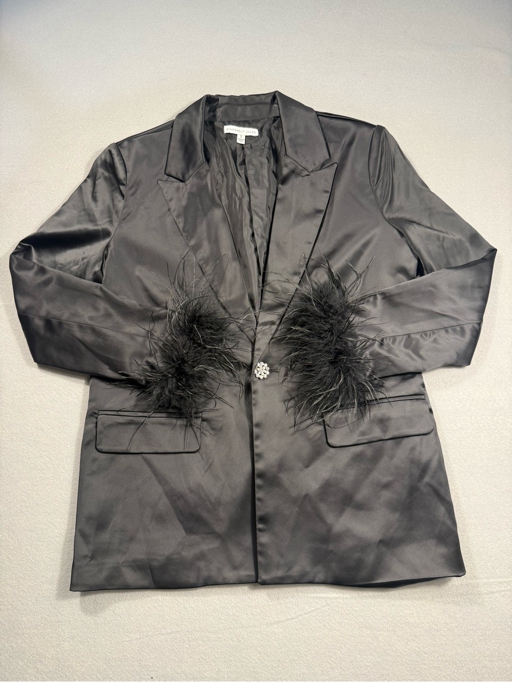 Sincerly Jules Small Black Satin Blazer Feather Cuffs Holiday New Years Party - Picture 3 of 10
